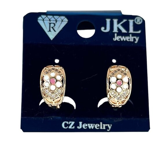 Gold Hoop Earrings with Pink & White Enamel Elegant Filigree Vintage Design - Picture 1 of 6